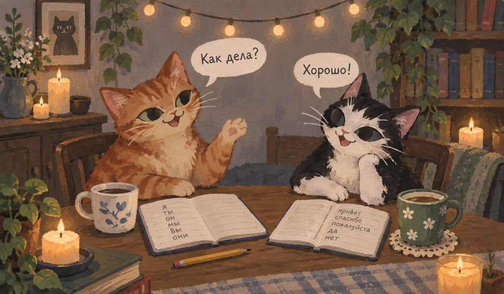 A cozy painterly scene of two cats sitting at a table and confidently speaking Russian together. Warm string lights and candles create a calm, friendly atmosphere, while notebooks and mugs on the table add to the feeling of relaxed language practice.