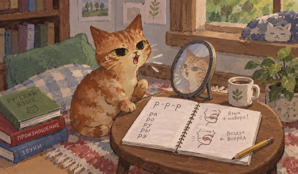 A cozy painterly scene of a kitten practising Russian pronunciation at home. With a mirror, notes and simple phonetics sketches on the table, the image shows the process of working on accent and sound formation step by step.