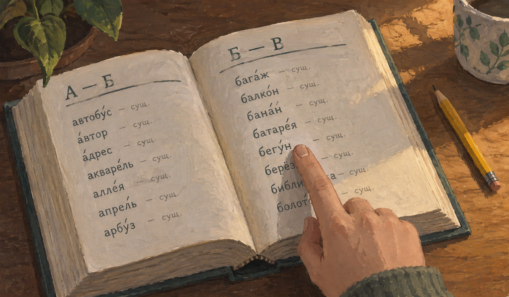 An open dictionary with a finger resting on one line