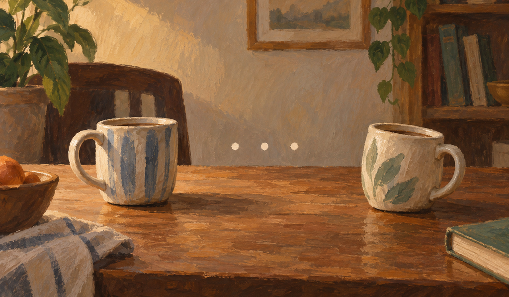Two cups on a table, one pushed aside, mid-conversation