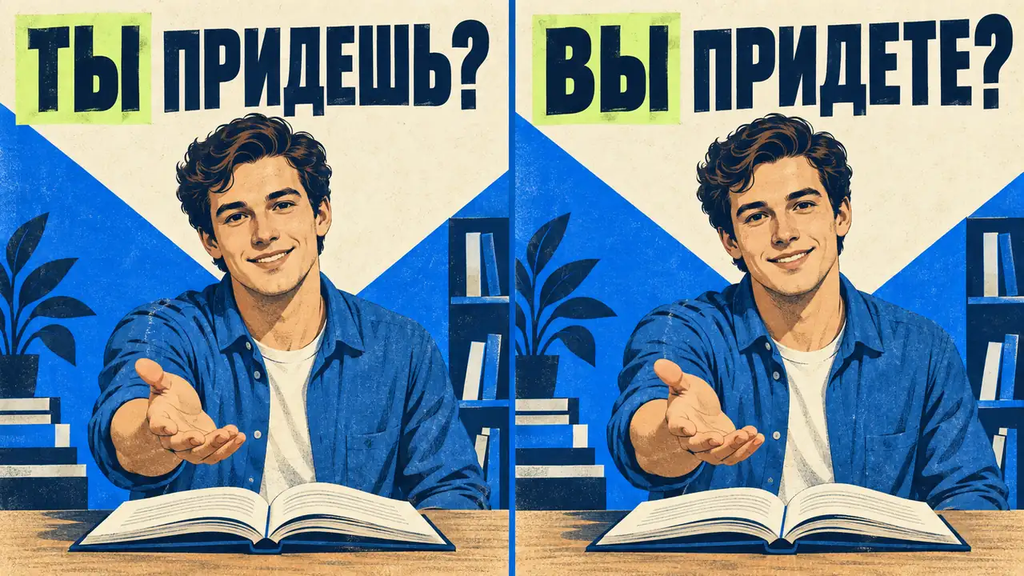 Два варианта приглашения, «Ты придешь?» и «Вы придете?», в современной плакатной иллюстрации.