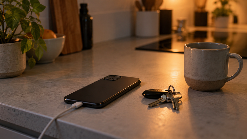 A phone face down on a kitchen counter charger beside keys and a mug