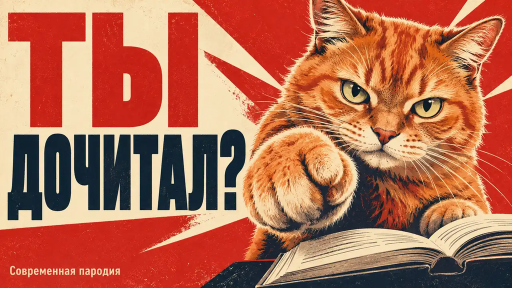 Шуточная современная пародия на агитационный плакат: рыжий кот спрашивает читателя «Ты дочитал?».