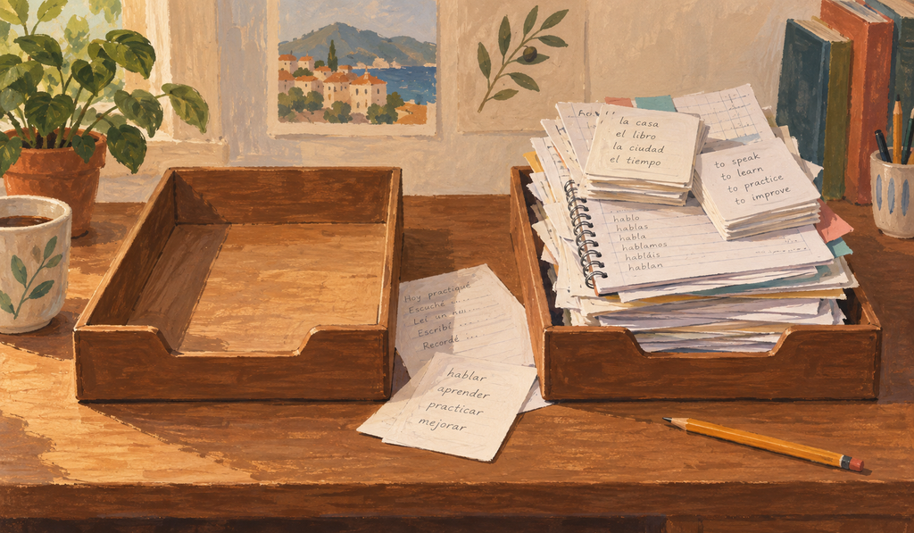 A warm painterly study scene showing how learning effort is shifted rather than removed. One tray is empty while the other is filled with notebooks, notes and study materials, symbolizing that faster methods reorganize the work instead of making it disappear.