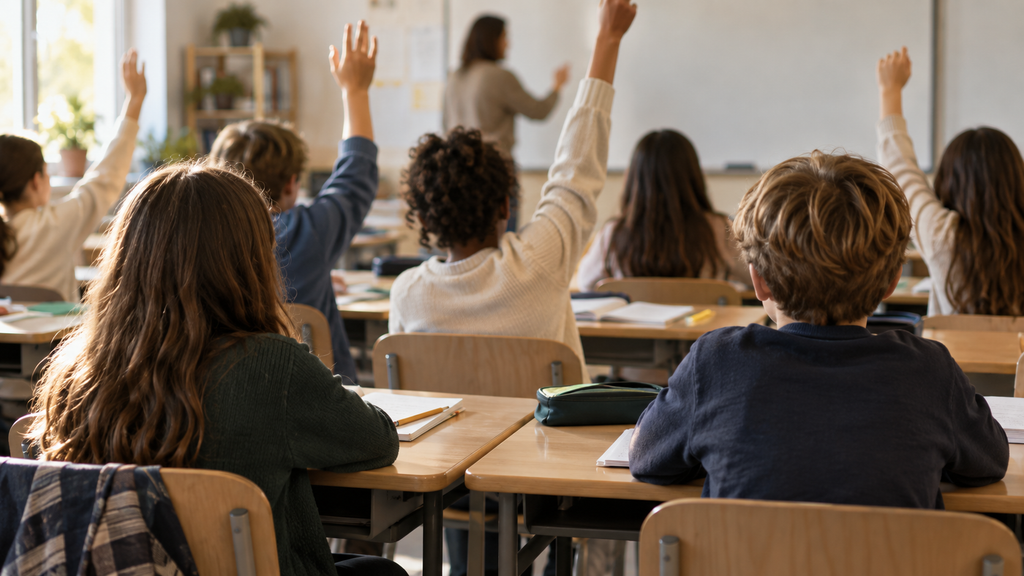 A classroom seen from behind with raised hands and one desk where no hand is up