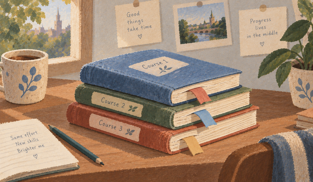 Three notebooks stacked, each bookmarked about a third of the way in