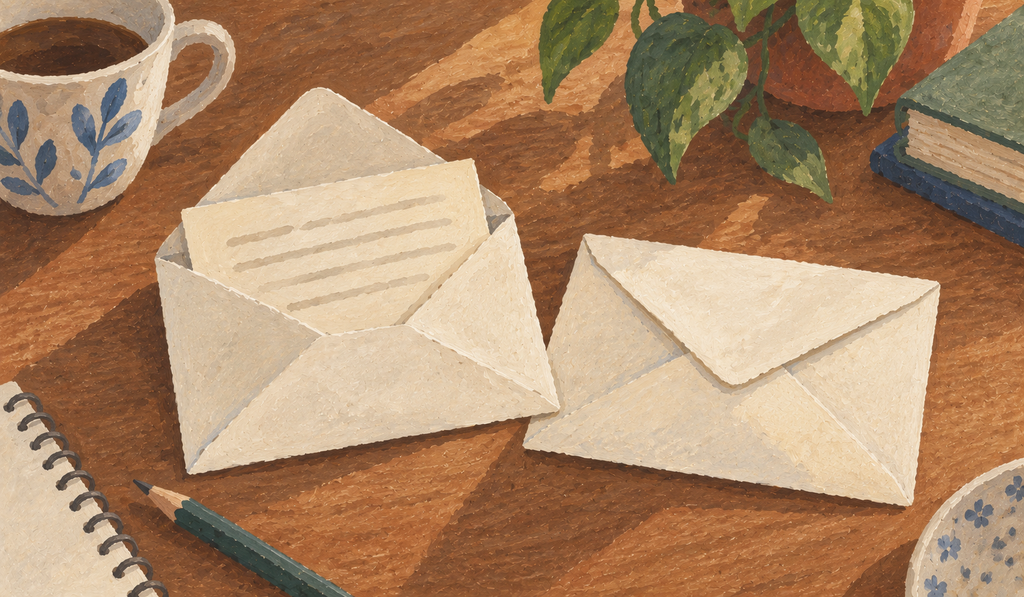 Two envelopes on a table, one opened, the other still sealed