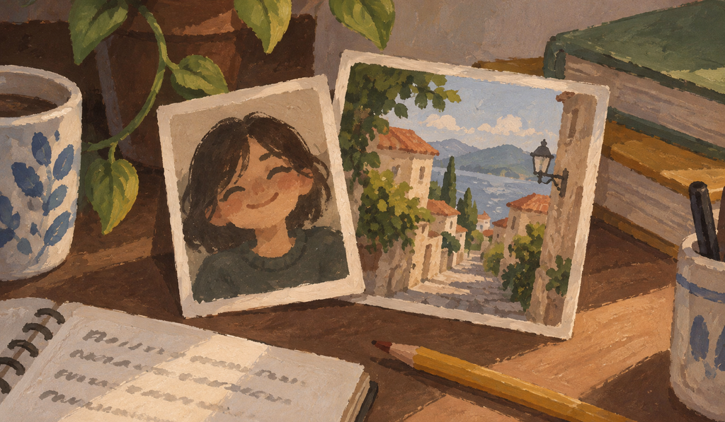A warm painterly scene showing two personal motivations side by side: a familiar person and a meaningful place. The image reflects how a strong reason to learn a language often becomes real when it is connected to someone or somewhere specific.
