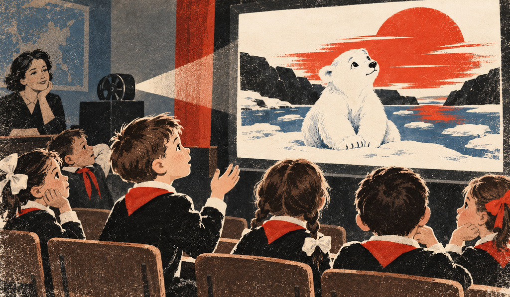 Editorial illustration of young children watching Umka on a classroom screen. One boy raises his hand with a question while the rest of the group grows increasingly calm and attentive, reflecting how repeated exposure to the cartoon’s slower pace reduced fidgeting over several weeks. The image uses the same textured vintage Soviet poster style as the article cover, without the Palme logo.