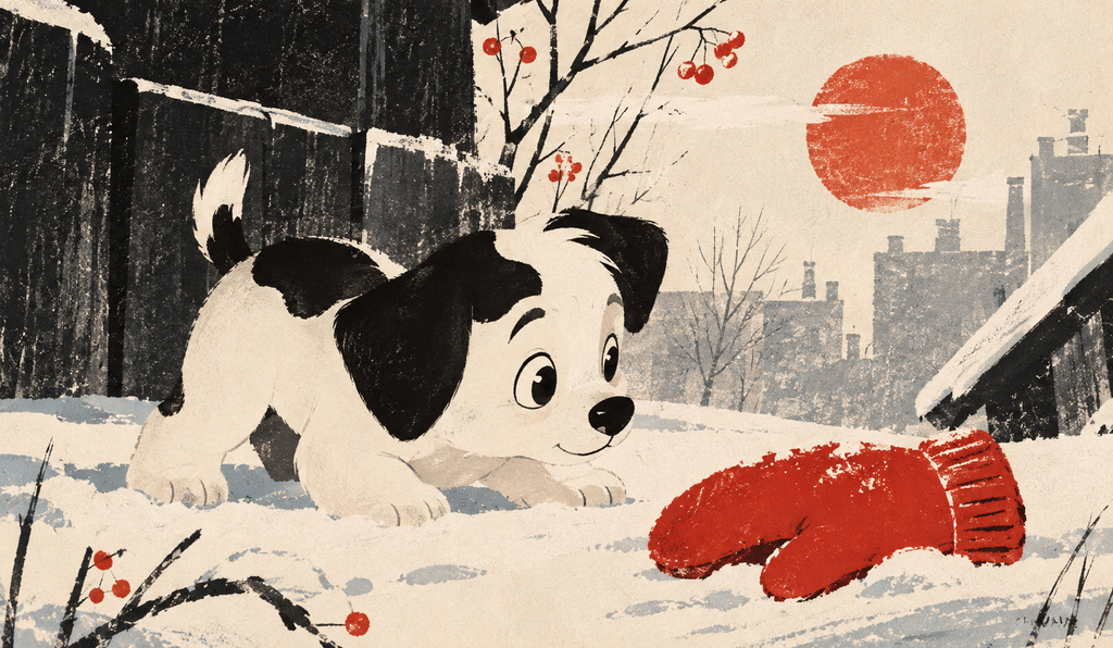 Editorial illustration inspired by the Soviet animated film Varezhka, showing the puppy alone in a snowy courtyard beside a vivid red mitten. The restrained composition, muted winter palette and textured vintage poster aesthetic emphasize quiet observation, visual storytelling and the unhurried rhythm of classic animation.