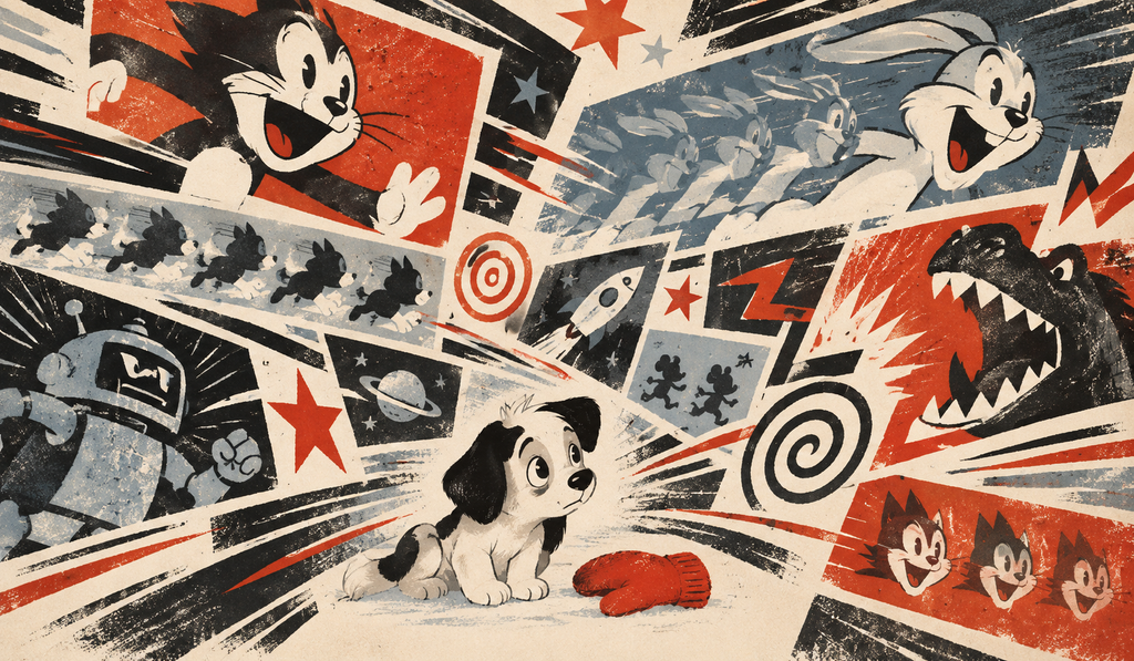 Editorial illustration exploring the problem of fast-paced modern cartoons through an abstract collage of rapid cuts, repeated characters, sharp movement and competing visual signals. The small puppy at the center contrasts with the surrounding chaos, making the sense of overstimulation immediately visible. The image keeps the article’s textured vintage poster aesthetic and restrained red, black, cream and blue palette.