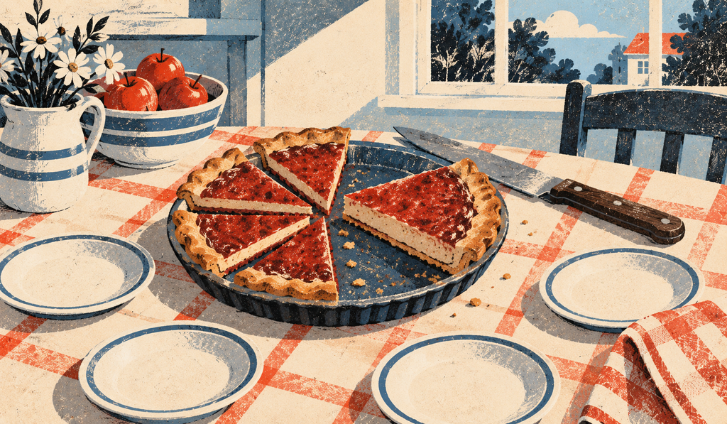 A pie on a table cut into uneven pieces, with a knife beside it