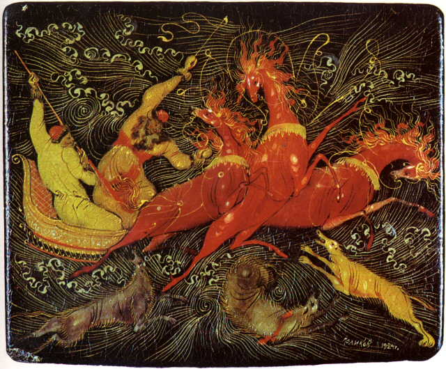 «Тройка с волками», палехская миниатюра Ивана Голикова, 1924 год