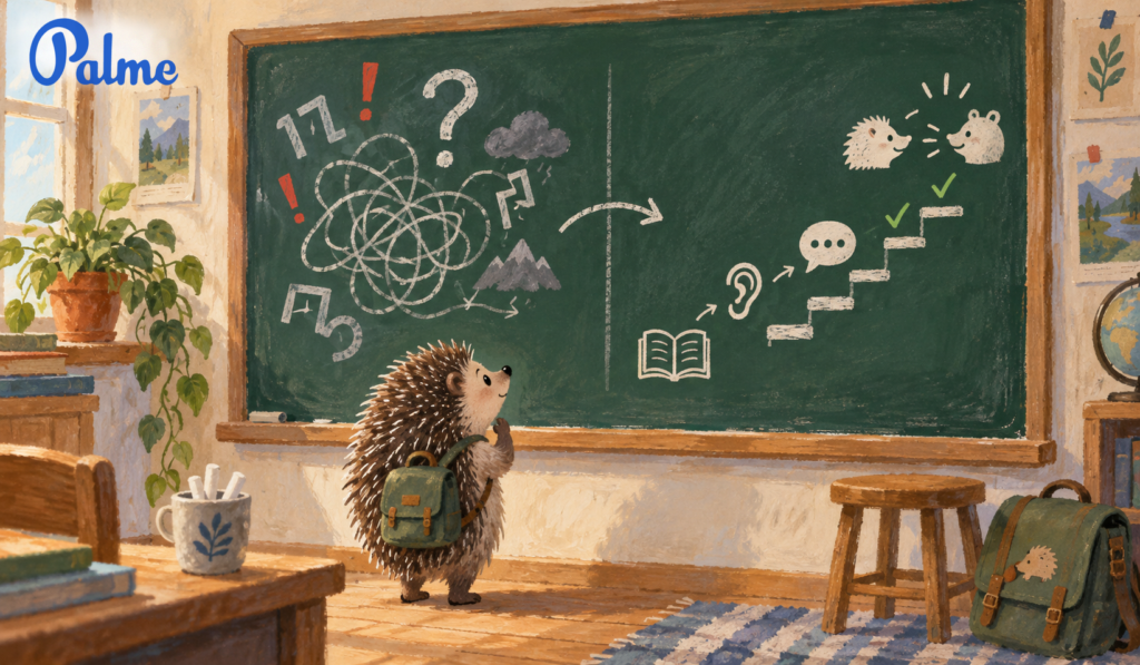 A hedgehog looking at a classroom board that turns Russian learning from confusion into a clear step-by-step path