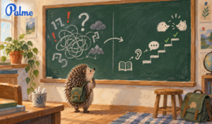 A hedgehog looking at a classroom board that turns Russian learning from confusion into a clear step-by-step path