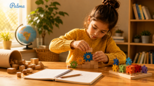 A child builds a structure with wooden blocks and colorful gears, combining hands-on problem-solving with creative learning.