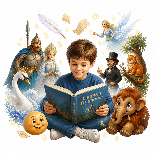 A boy reads «Pushkin's Fairy Tales» surrounded by characters from Russian fairy tales — Palme School