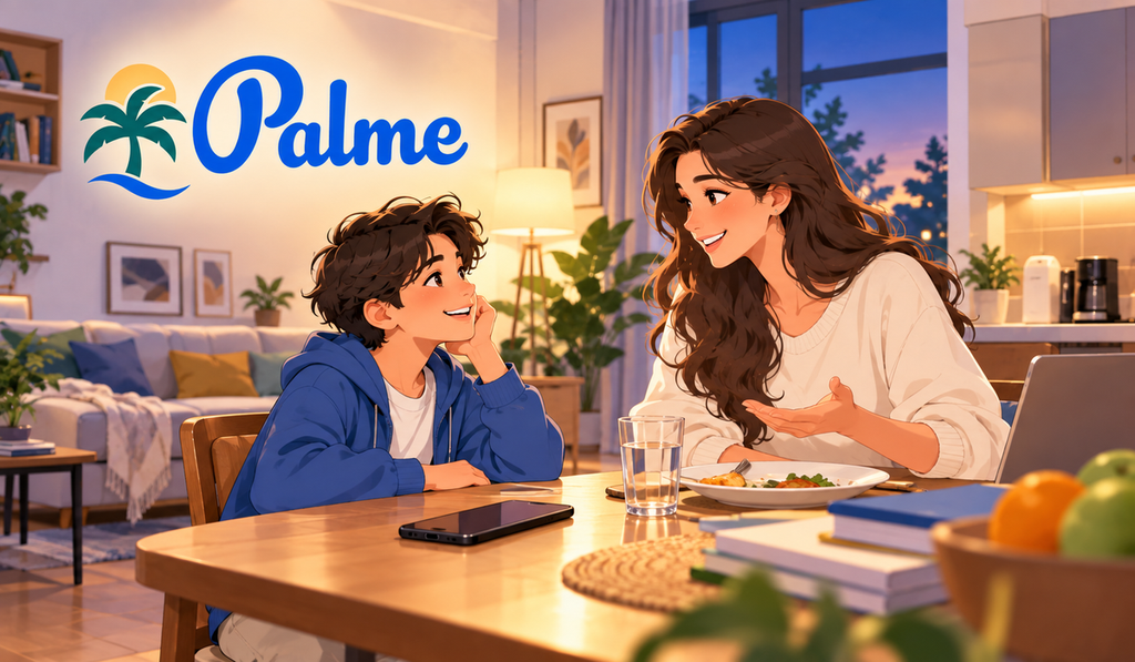 Mother and child talking together at the kitchen table with the Palme logo in the background