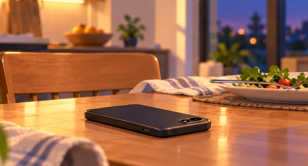 Smartphone lying on a kitchen table beside a plate of food in the evening