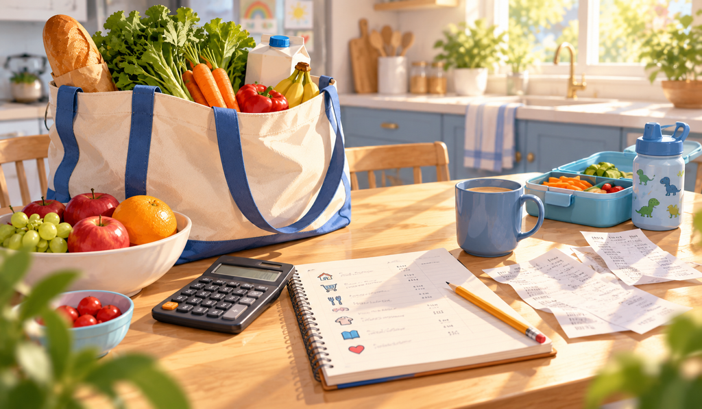 Groceries, receipts, calculator, and family budget notebook arranged on a kitchen table