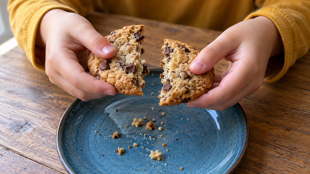 The child holds two halves of a cookie with chocolate on a blue plate