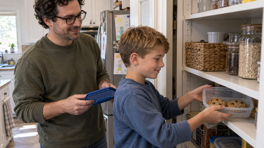 The boy is removing a container with two biscuits from the shelf; the dad is holding the lid