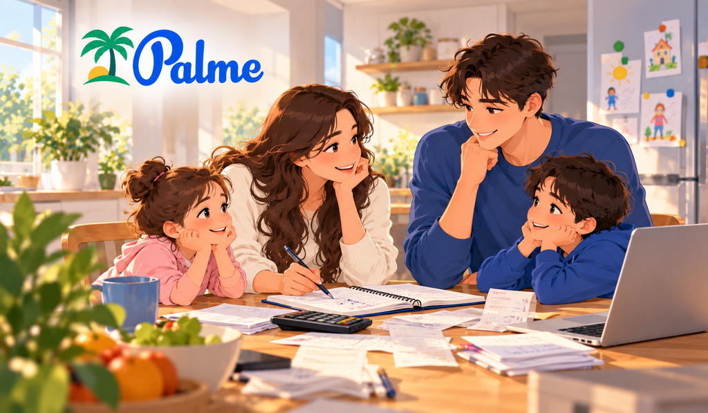 Family planning household expenses together at the kitchen table with the Palme logo in the background