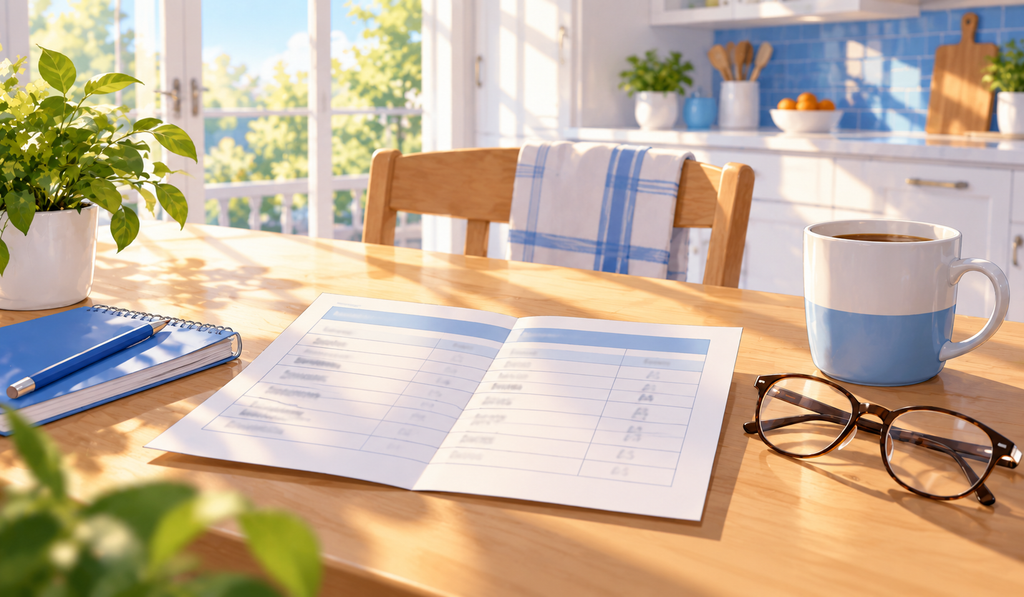 Report card with grades lying on a desk beside a coffee mug, notebook, and glasses