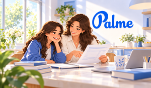 Student and teacher reviewing a report card together at school with the Palme logo in the background