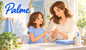 Mother and daughter choosing sunscreen together in a bright bathroom, with the Palme logo on the wall.