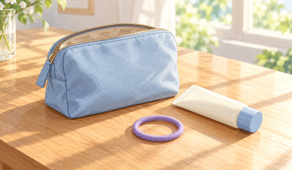 A blue fabric makeup bag on a sunlit wooden table beside an unlabeled skincare tube and a purple hair tie.