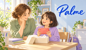 A girl holding a coral makeup bag beside her mother at a sunlit study desk, with the Palme logo on the wall.