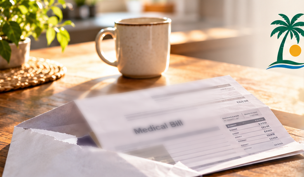 Medical bill and envelope on a kitchen table beside a coffee mug