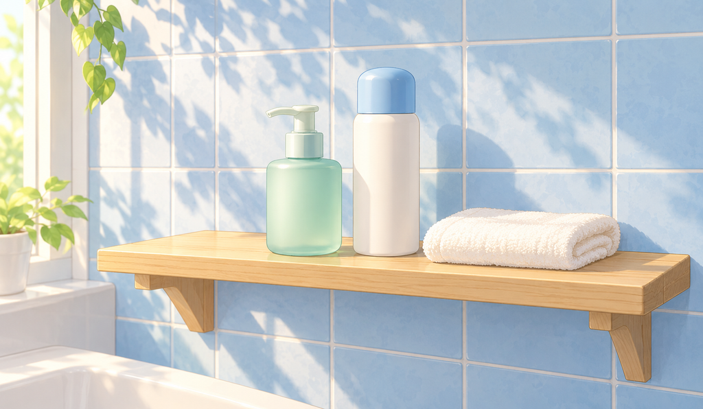 Two unlabeled skincare bottles and a folded white towel on a wooden bathroom shelf against pale blue tiles.