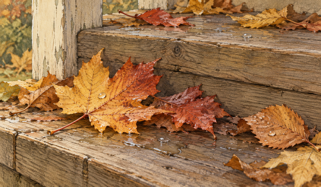 An illustration of wet autumn leaves on wooden porch steps in soft morning light.