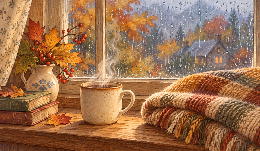 An illustrated windowsill with a steaming mug, a folded wool blanket and rain-streaked glass.