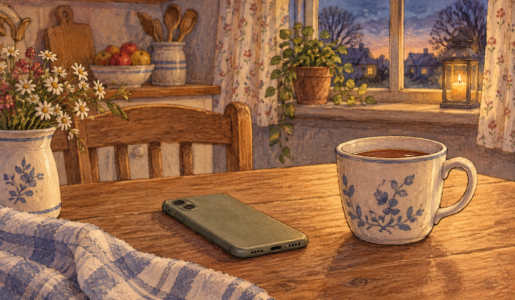 An illustration of a face-down phone beside a mug of tea on a kitchen table in evening light.