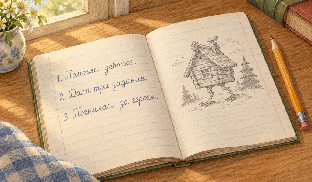 An open lined notebook with a handwritten Russian list, a drawing of a hut on chicken legs and a pencil beside it.