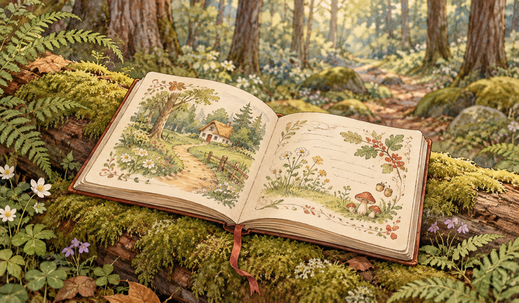 An illustrated pair of green rubber boots stands beside a wooden doorstep scattered with autumn leaves.