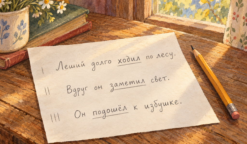 A handwritten Russian story page with underlined verbs lies beside a pencil in soft window light.