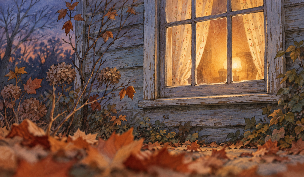 An illustrated old house window glows warmly at dusk, seen from a garden scattered with autumn leaves.