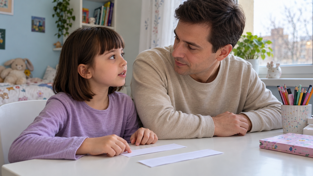 The girl talks to her father after reading the sentence in parts.
