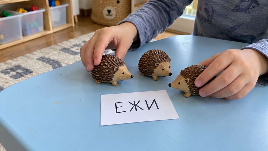 Игрушечные ежи и карточка «ЕЖИ»