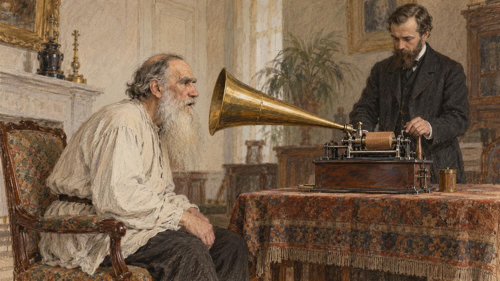 Рисунок: Толстой говорит в трубу фонографа