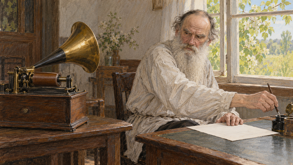Рисунок: Толстой берет перо, оставив фонограф