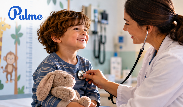 Child smiling during a medical checkup with a pediatrician using a stethoscope