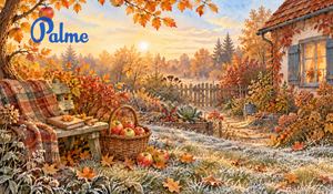 An illustrated autumn cottage garden with apples, golden leaves and the first frost.