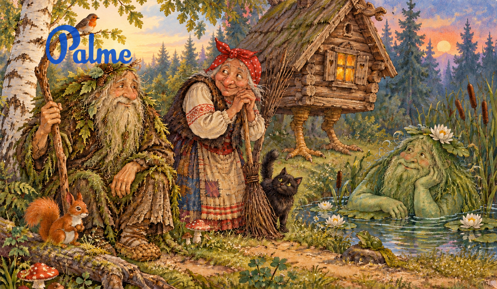 Leshy, Baba Yaga and Vodyanoy next to a hut with chicken legs and a wooded pond.