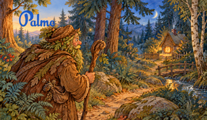 Leshy pauses on a woodland path after noticing a glowing cottage window in the dusk.