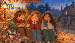 Three children share a mysterious story on a bench at dusk, with a glowing house window in the background.